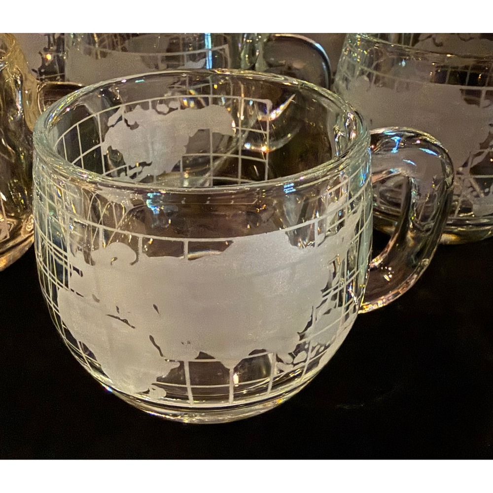 8 Vintage Nescafe World Map Glass Mugs Frosted Etched Globe Coffee Cups Set - Picture 3 of 5